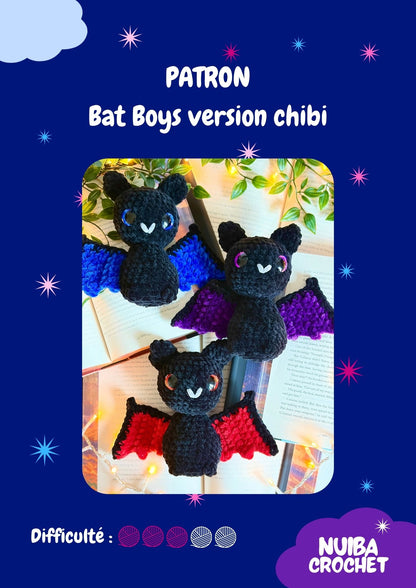 Modèle de crochet Patron Bat Boys version chibi, chauve-souris mignonne, par Nuiba, illustré dans l'image.
