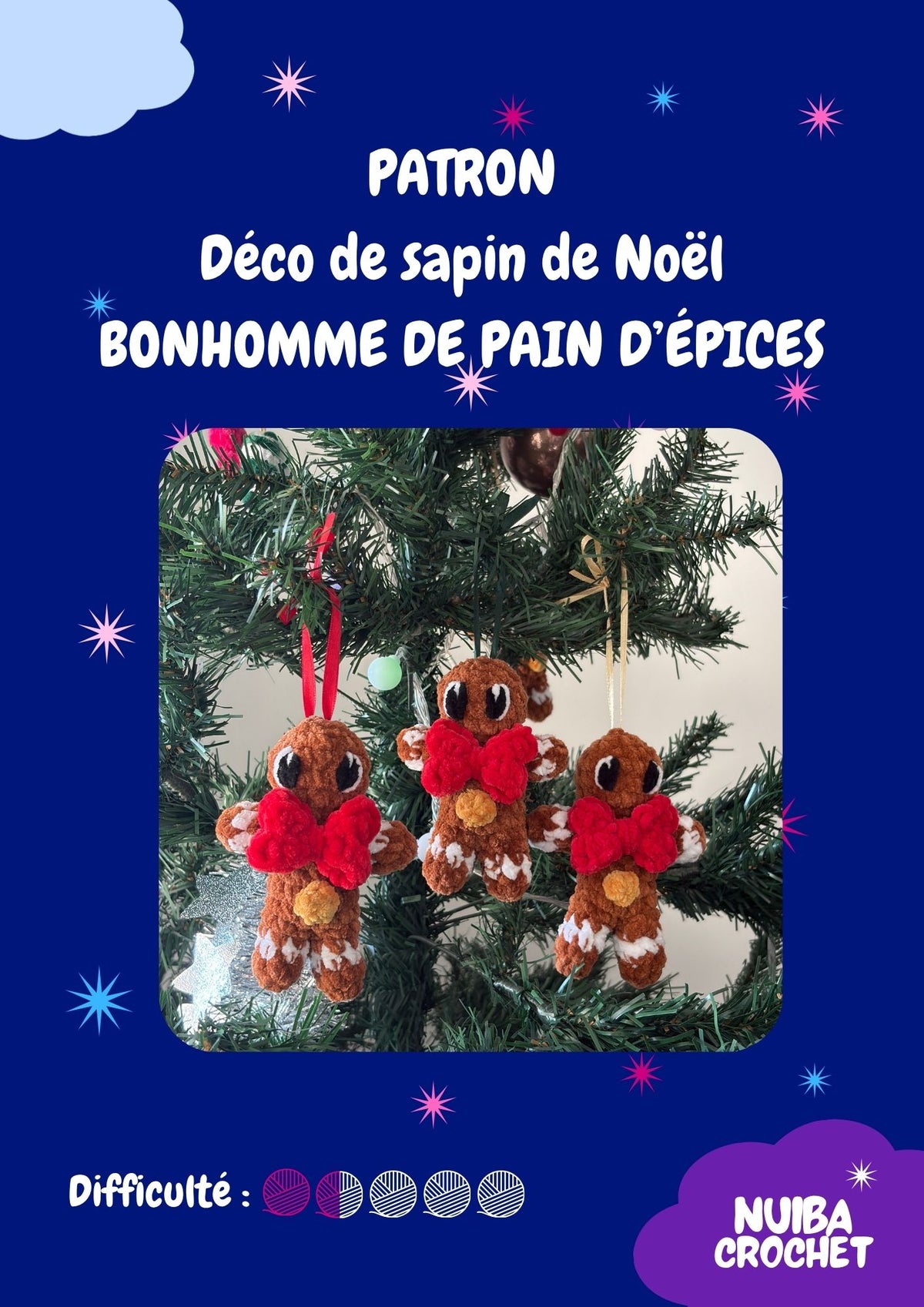 Patron de crochet PDF Nuiba pour décoration de sapin de Noël, bonhomme de pain d'épices en crochet.