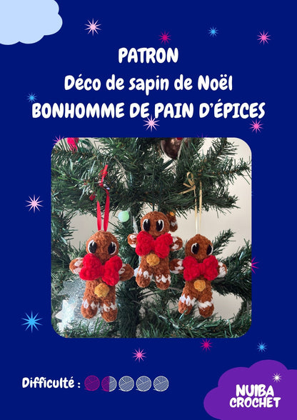 Patron de crochet PDF Nuiba pour décoration de sapin de Noël, bonhomme de pain d'épices en crochet.